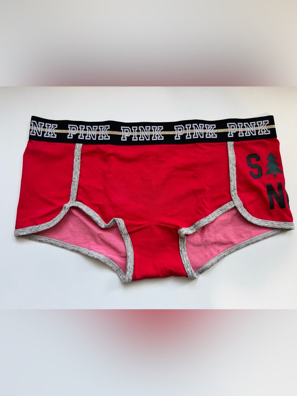 PINK Victoria's Secret Red & Black Boyshort Panty Christmas Santa